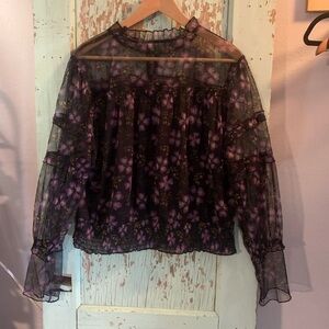 Women’s Calligraphie XL Long Sleeve Sheer Black wPurple Flowers High Neck Blouse